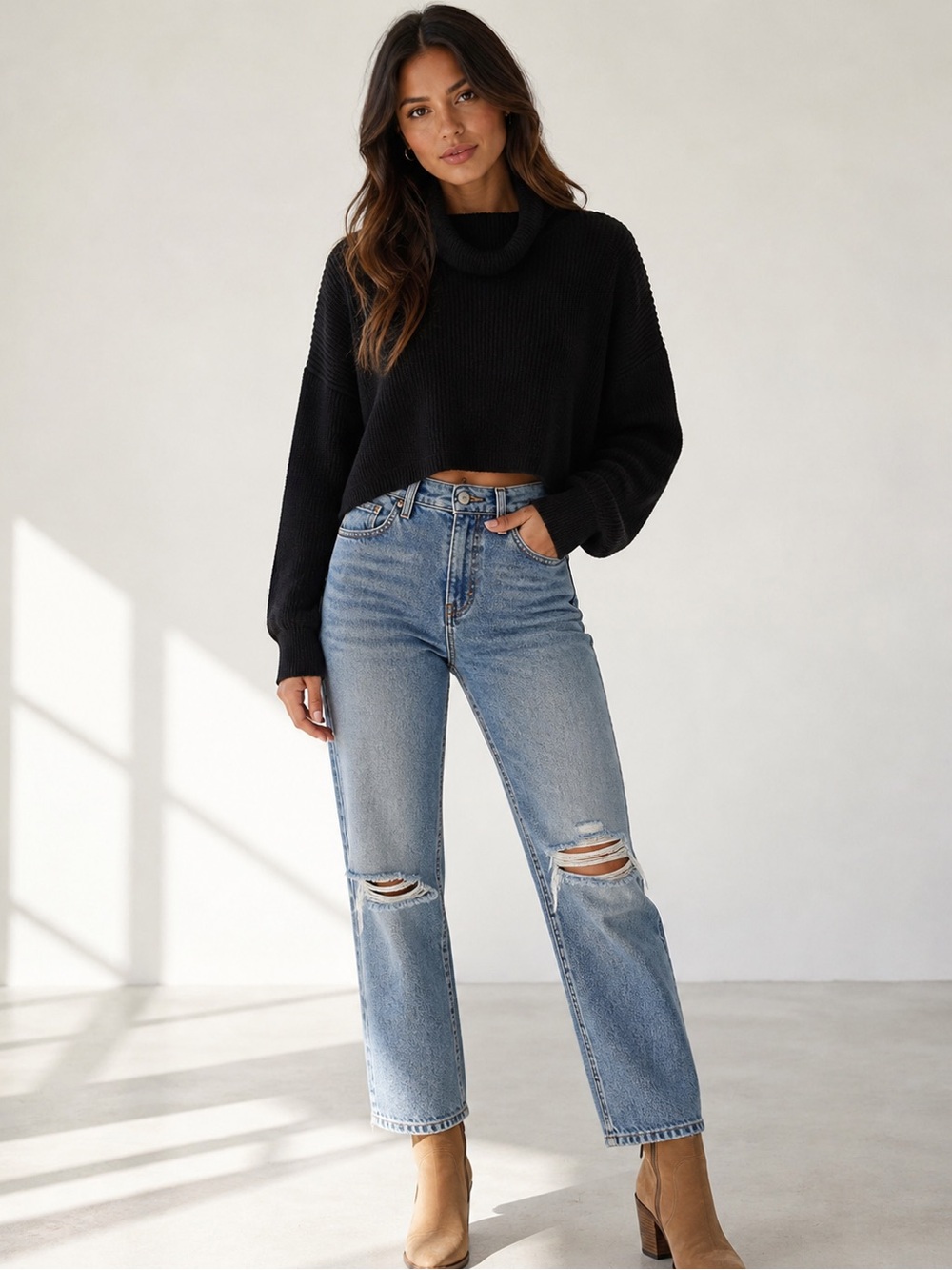 NWOT H&M Divided Black Cropped Turtleneck Sweater Soft Knit Cozy Chic Academia L